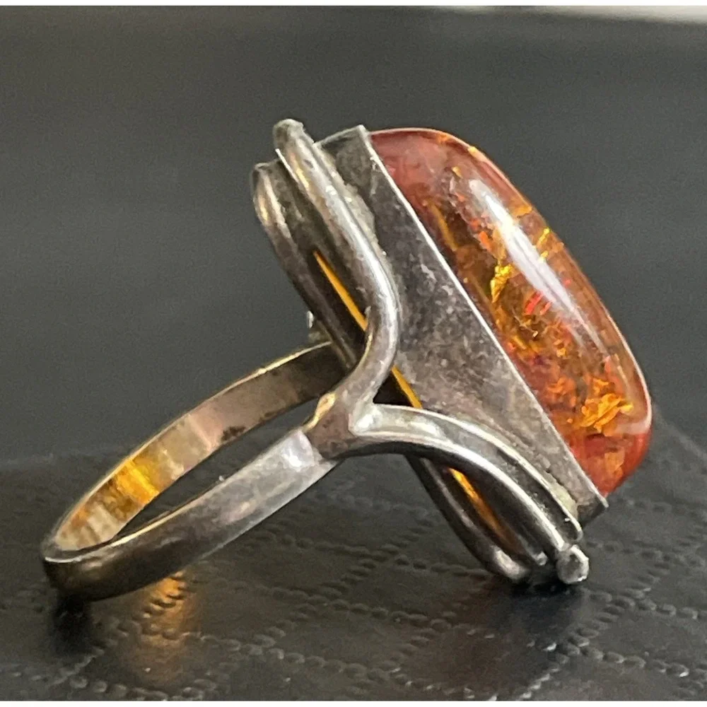 Sterling Silver Amber Ring‎ Statement Chunky 925 Calla Lily Artisan Size 6